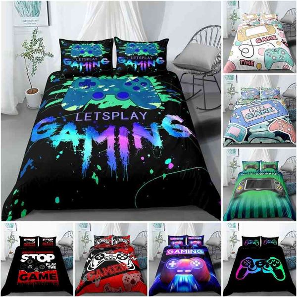 Set copripiumino da gioco Gamer Room Decor per ragazzi Bambini Adolescenti Videogiochi Biancheria da letto doppia Gamepad Trapunta con motivo giochiamo