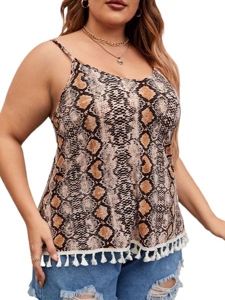 

plus snakeskin print tassel trim cami a25c#, Black