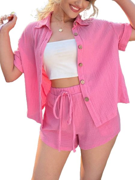 

button through textured blouse & tie waist shorts y5lj#, White