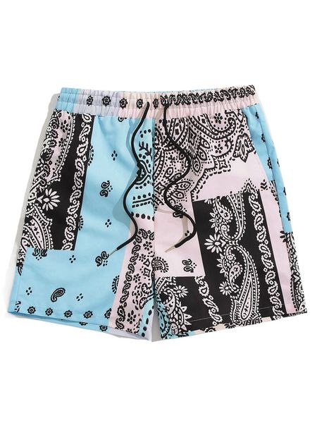 

men paisley print drawstring waist shorts 292o#, White;black
