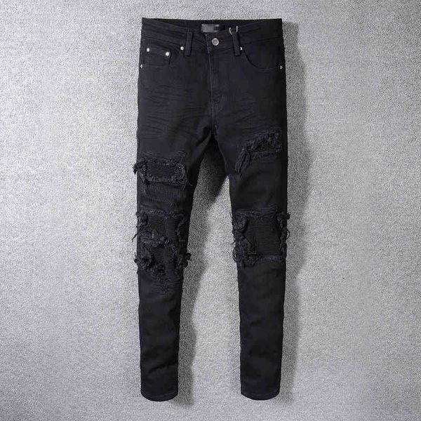 

men's jeans fashionable four seasons style hole patch scraping fashion high street black jeans men's slim micro elastic pants kf9u, Blue