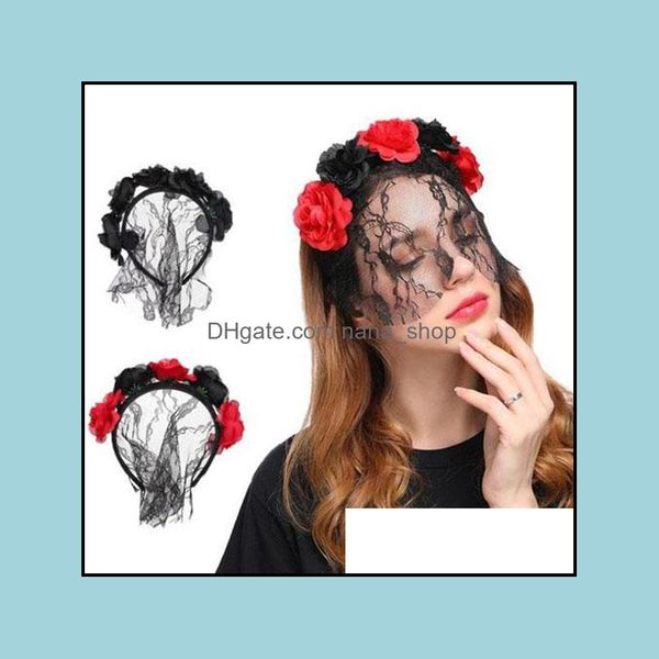 Cerchietti Gioielli per capelli Donne Ragazze Fiore artificiale di rosa Mezzo velo di pizzo Maschera Fascia per capelli Vintage Halloween Natale Cerchio sexy Festa in maschera Cos