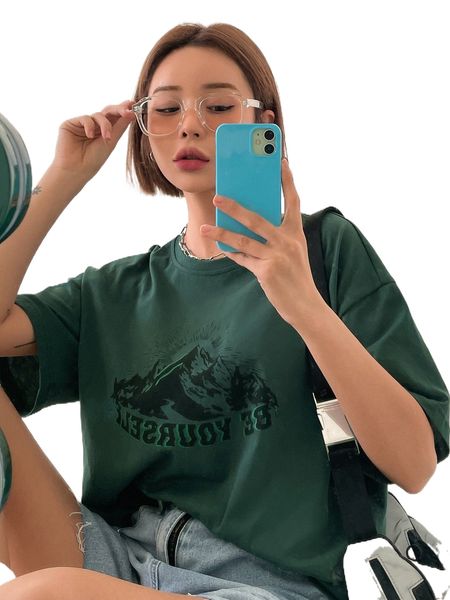 

dazy mountain & letter graphic drop shoulder tee c7c6#, White