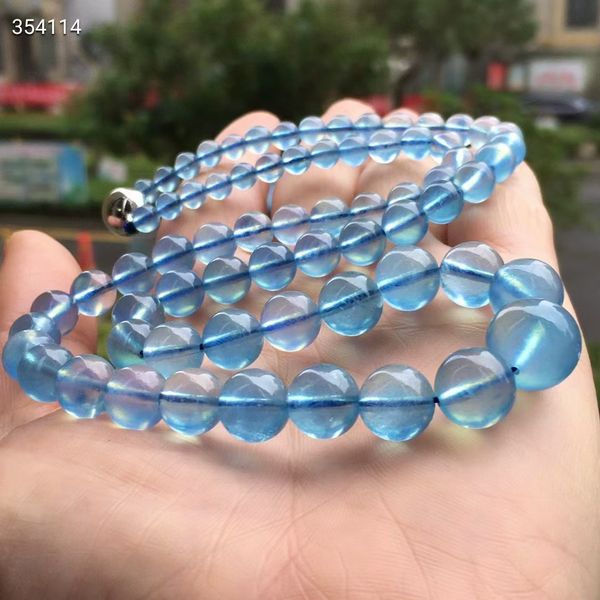 

natural blue aquamarine clear round beads necklace 5-12.5mm woman pendant charms crystal woman healing aquamarine aaaaaa, Silver