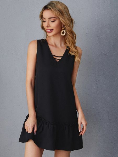 

keyhole neck frill ruffle hem dress g4w1#, Black;gray