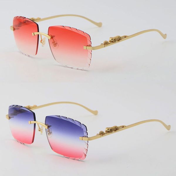 Großhandel Metall Leopard Serie Diamantschliff Linse Randlose Sonnenbrille Edelstahl Schild Hochwertige C Sonnenbrille Gold UV400 Spiegel Große Quadratische Optik