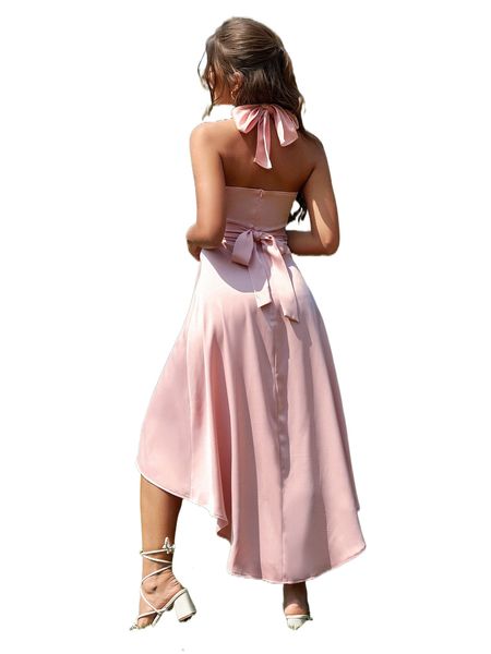 

tie backless high low hem halter dress a58c#, Black;gray