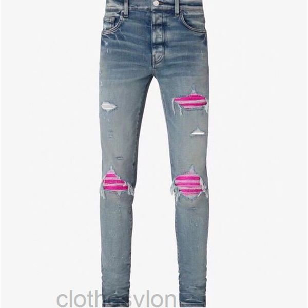 

t shirts designer jeans amirs 2022 jean style heavy industry washing water destroys holes, rose red printing, cable splicing, blue