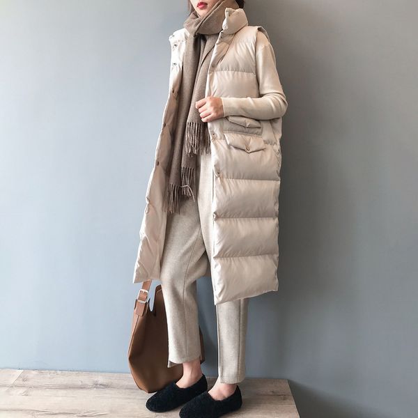 

winter long vests womens trendy wild thin solid color stand collar sleeveless casual loose singlebreasted vests women 201031, Black;white