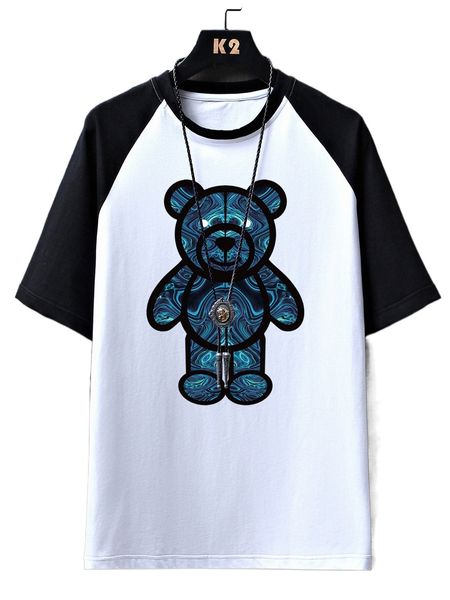 

men bear print contrast raglan sleeve tee o1uv#, White;black