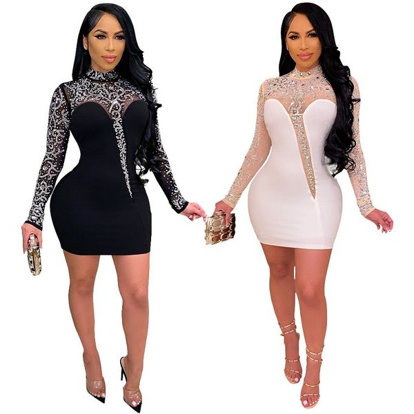 

sheer mesh dress patchwork rhinestone party club bodycon mini dress for women long sleeve tight dresses, Black;gray
