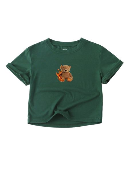 

bear print round neck tee r9gf#, White
