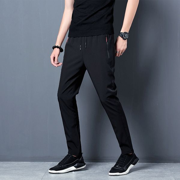 

men s korean fashion casual summer thin quick drying ice silk straight pants loose sports 9 point trousers boy 220719, Black