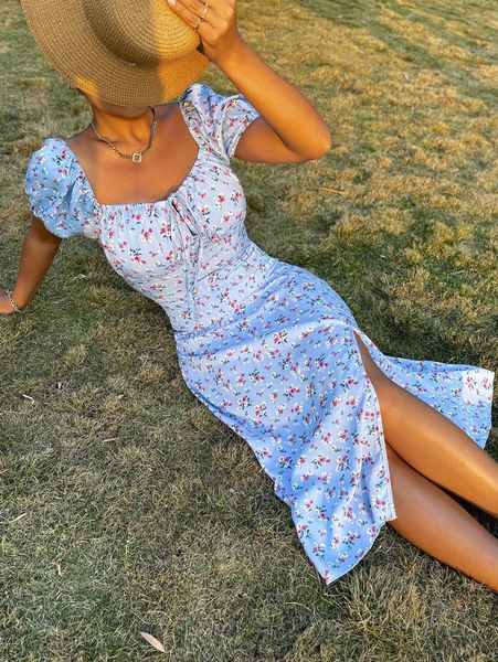 

ditsy floral sweetheart neck tie front split thigh dress x6nq#, Black;gray