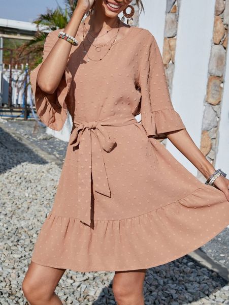 

flounce sleeve ruffle hem dress z7dx#, Black;gray