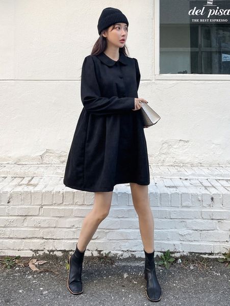 

dazy peter-pan collar puff sleeve smock dress c2l0#, Black;gray