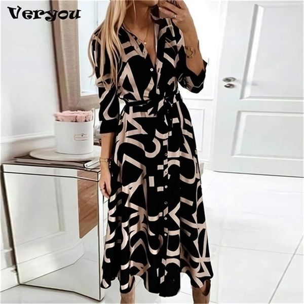 

autumn elegant shirt dress women button long sleeve tunic midi ladies office v neck print party es for 220621, Black;gray