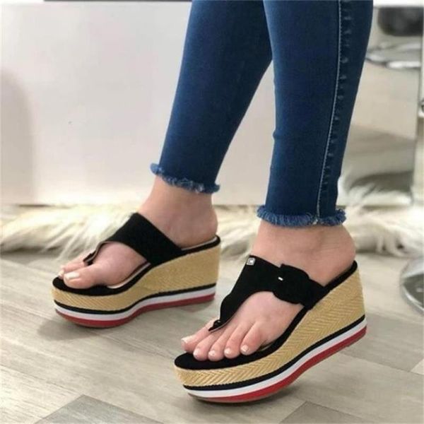 

woman slippers wedges heels women sandals summer platform female shoes ladies slides mujer buckle flip flops 220602, Black