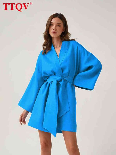 

ttqv fashion blue women's dress 2022 autumn vintage long sleeve lace-up mini dresses elegant chic classic cotton female dress t220804, Black;gray