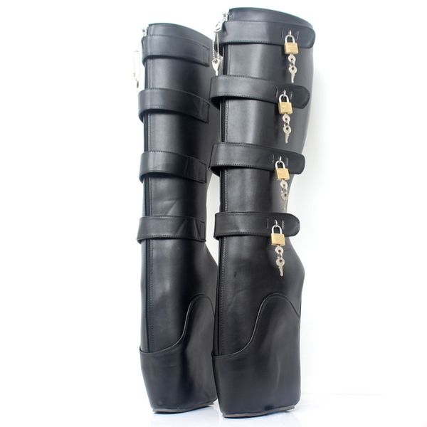 

women fetish knee high ballet boots, inch wedges hoof heels platforms,queen training shoes,bdsm forbidden lockable slave botas,big size, Black