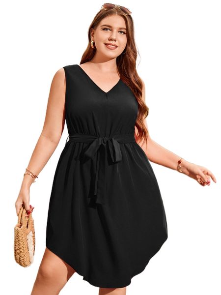 

plus curved hem belted tank dress c8ty#, Black