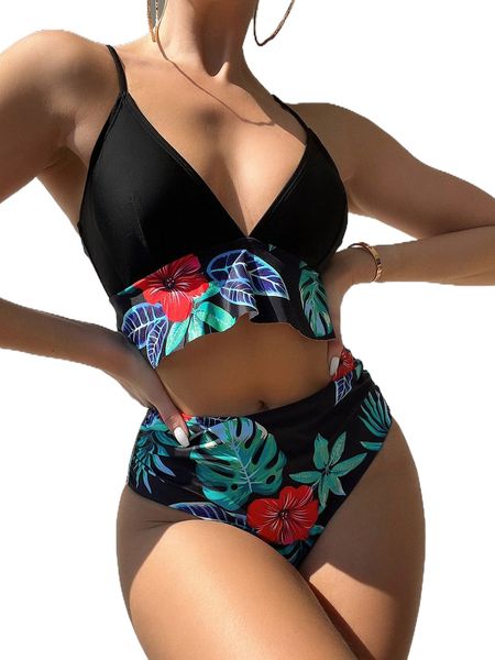 

t.ropical print ruched bikini swimsuit j9tj#, White;black