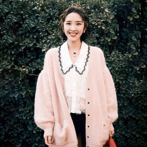 

women's knits & tees tang yixin same sweater of cctv spring festival gala high proportion mohair medium long pink cardigan loose women&, White