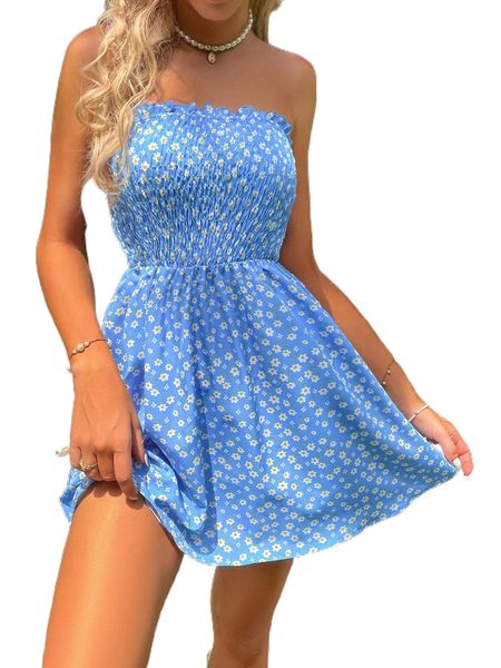 

ditsy floral shirred frilled backless tube dress 90id#, Black;gray