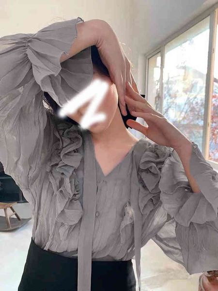 

women's polos 2022 spring french pleated lace ribbon shirt ruffle fog island listening to the wind blouse women 34f5, White