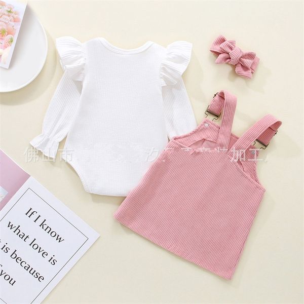 

baby 3pcs clothing sets white ribbed long sleeve romper and solid color suspender dress kids clothes