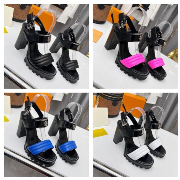 

2022 designer women sandals star trail sandal circle buckle on the strap decorative zip outing beach party 9cm heel, Black