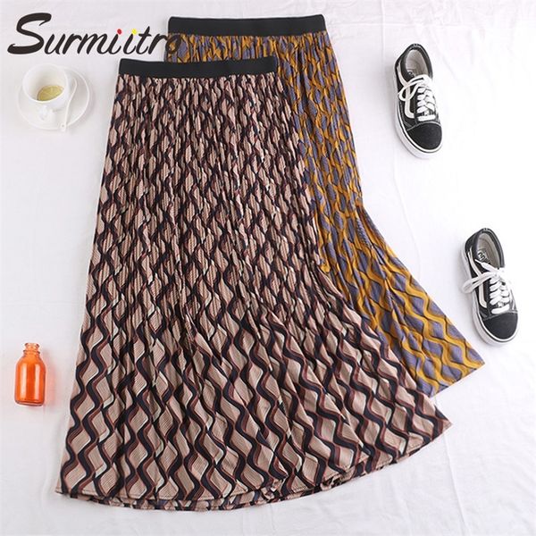 

surmiitro maxi pleated skirt women for 2020 spring summer korean ladies korean blue yellow print high waist long skirt female lj201029, Black;gray