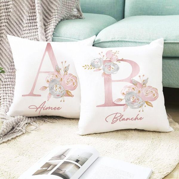 Kissen/Dekorativer personalisierter rosa Blumen-Anfangsdruck-Bezug für Mädchen, Schlafzimmer, Sofa, Wohnzimmer, Zuhause, Hochzeit, Geschenk, Kissen/Dekoration