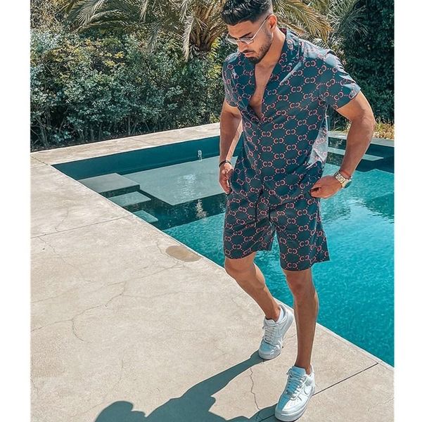 

summer men hawaiian tracksuits printing harajuku short sleeve button shirt beach shorts aa, Gray