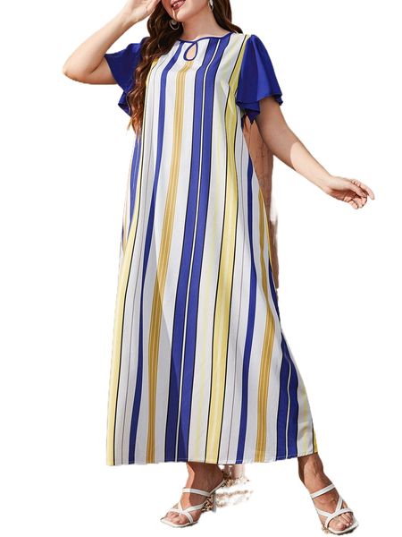 

plus block striped key hole neck flutter sleeve tunic dress h3rp#, Black