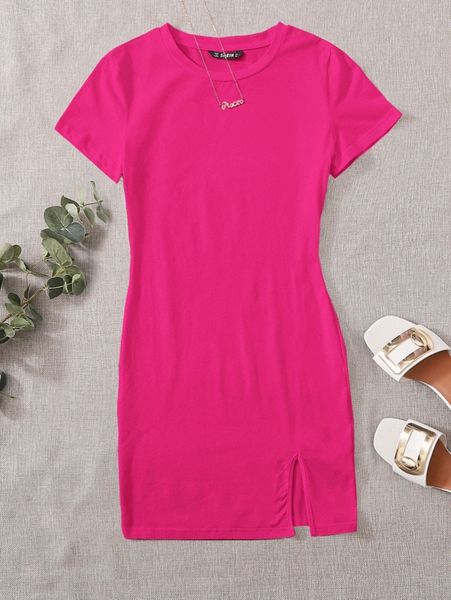 

neon pink split hem solid dress u010#, Black;gray