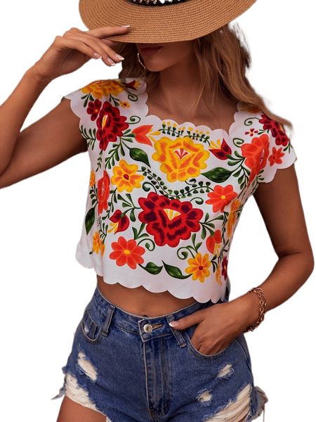 

scallop trim floral print w0xm#, White