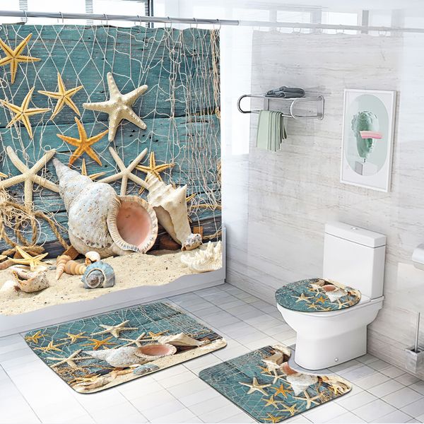 

sea beach starfish 90g shower curtain lamb cashmere non slip floor mat toilet cover mat bathroom four piece set-2
