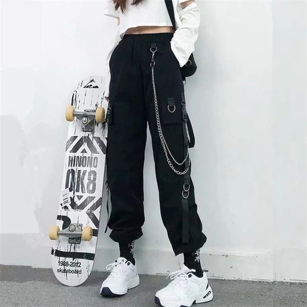 

women cargo pants harem fashion punk pockets jogger trousers with chain harajuku elastics high waist streetwear 220325, Black;white