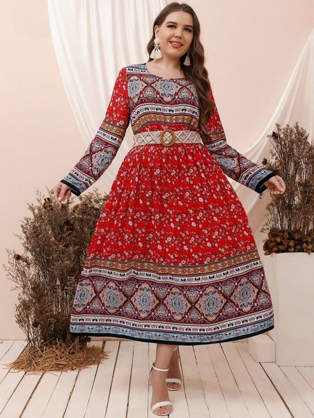 

plus damask & floral print dress without belt d829#, Black
