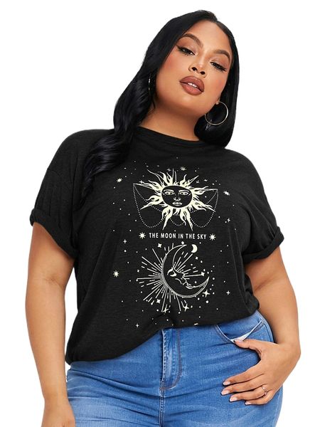 

sxy plus sun & moon print roll up sleeve tee e1rt#, Black