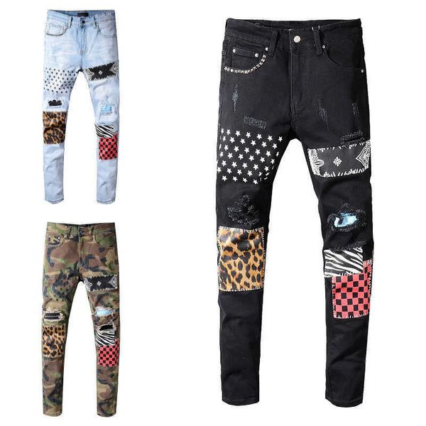 

pants mens classic hip hop trousers designer jeans distressed ripped biker jean slim fit motorcycle denim jeans, Blue