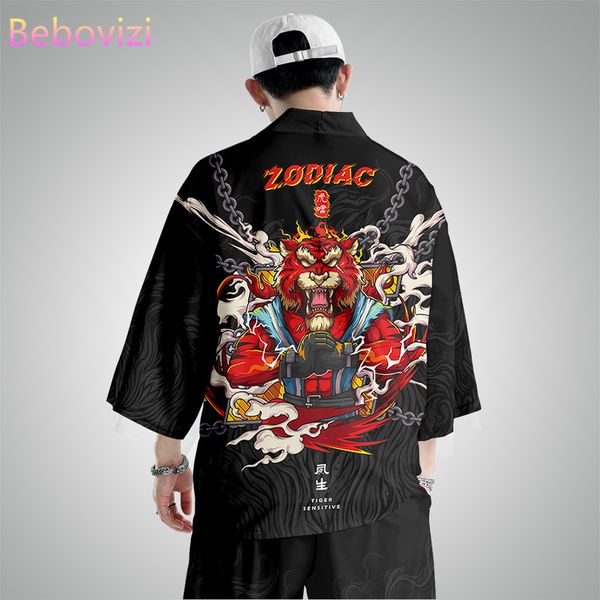 

japanese samurai tiger print cardigan kimono two-piece suit beach yukata women harajuku traditional men cosplay haori clothing, Red