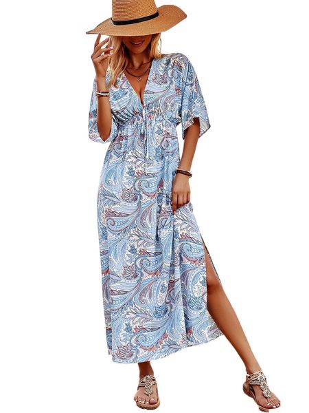 

paisley print knot front batwing sleeve split thigh dress e96h#, Black;gray