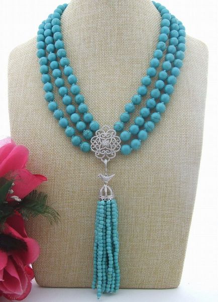 

attractive 3strands 10mm turquoise&amprhinestone pendant necklace, Silver