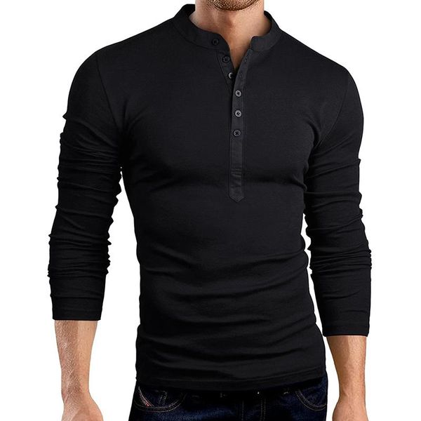 Erkek T-Shirt Bahar Sonbahar Erkek Slim Fit V Boyun Düğmesi Uzun Kollu Kas Tee T-shirt Rahat Henley Gömlek S Katı Renk Tops