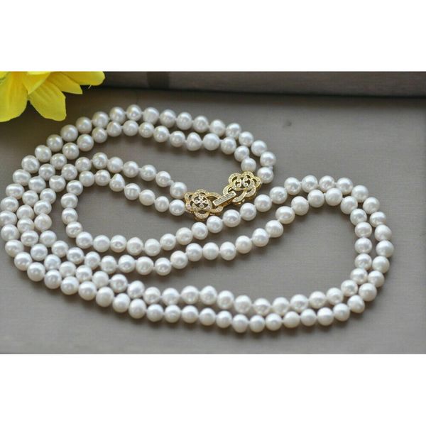 

2row 8mm white round freshwater pearl necklace cz buckle long 22&quot, Silver