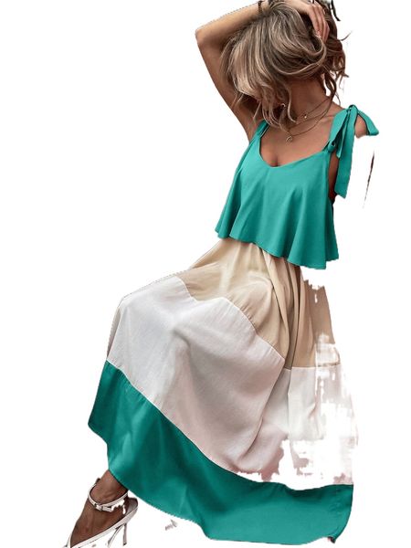 

color-block tie shoulder cami dress v5lo#, Black;gray
