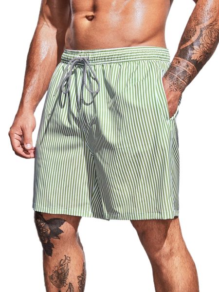 

extended sizes men striped drawstring waist swim trunks a37d#, White;black