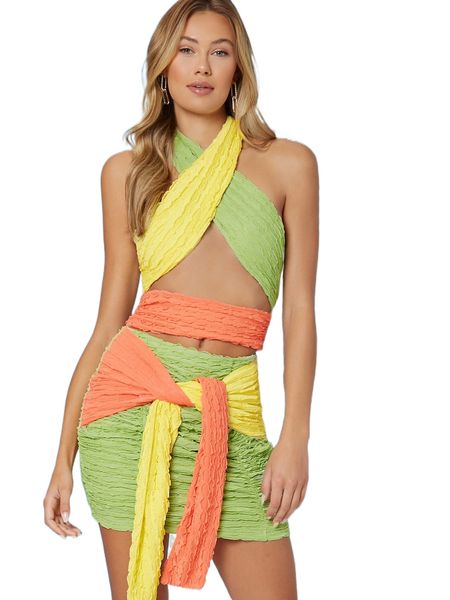 

x ji yeon lee tie front cutout colorblock halter dress l710#, Black;gray